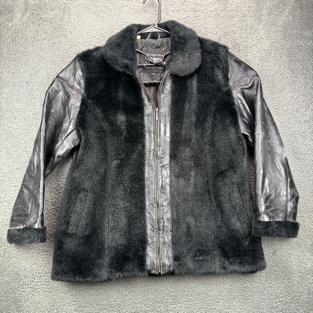 Italian Stone Design Genuine Leather Fur Women's Jacket XL Patchwork Black‎